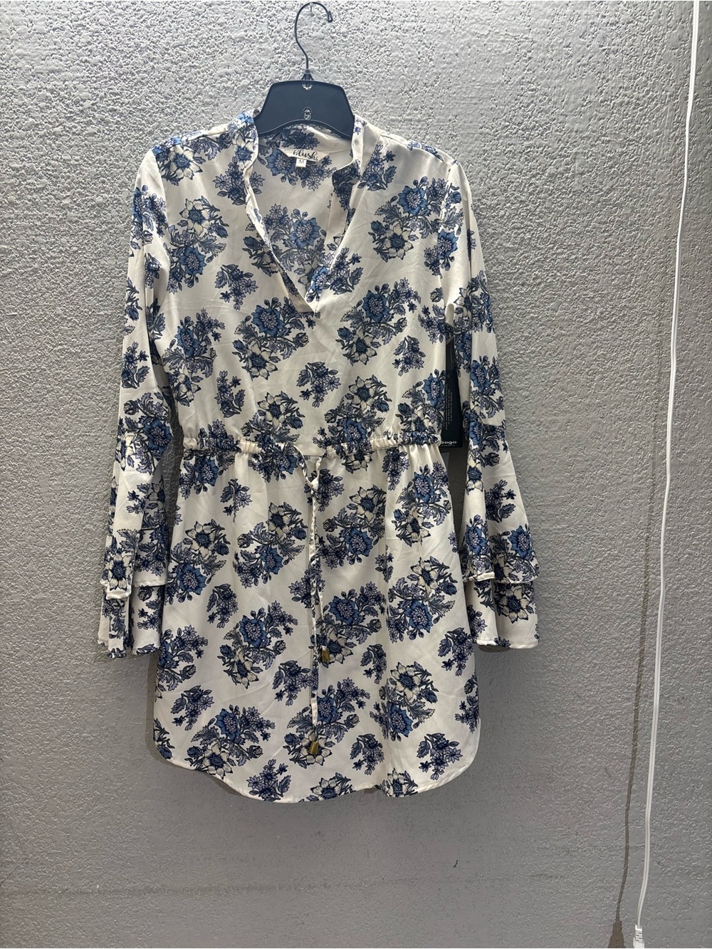 Blush White Mini Dress with Blue Floral Print